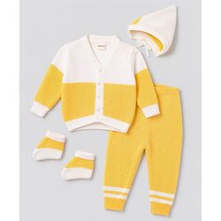 Babyhug Knit Full Sleeves Striped Sweater Set With Cap & Booties - Yellow