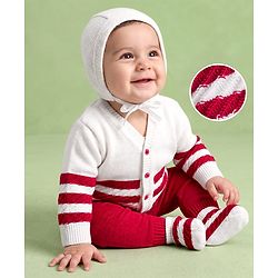 Babyhug Knit Full Sleeves Striped Sweater Set with Cap and Booties - White & Red