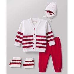 Babyhug Knit Full Sleeves Striped Sweater Set with Cap and Booties - White & Red