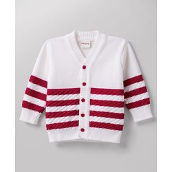 Babyhug Knit Full Sleeves Striped Sweater Set with Cap and Booties - White & Red