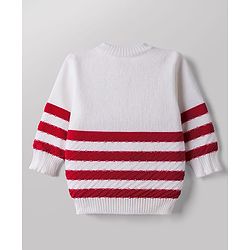 Babyhug Knit Full Sleeves Striped Sweater Set with Cap and Booties - White & Red