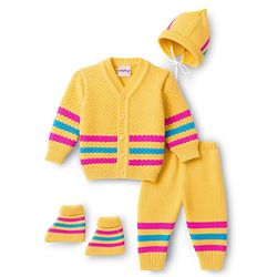 Babyhug Knit Full Sleeves Striped Sweater Set with Cap and Booties - Yellow