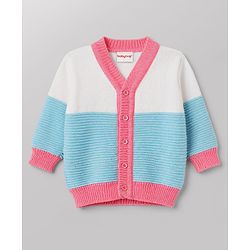 Babyhug Knit Full Sleeves Striped Sweater Set With Booties & Cap - Teal Blue