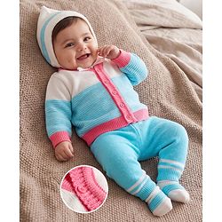 Babyhug Knit Full Sleeves Striped Sweater Set With Booties & Cap - Teal Blue
