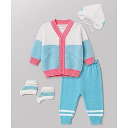 Babyhug Knit Full Sleeves Striped Sweater Set With Booties & Cap - Teal Blue
