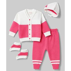 Babyhug Knit Full Sleeves Striped Sweater Set With Cap & Booties Set - Dark Pink