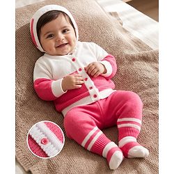 Babyhug Knit Full Sleeves Striped Sweater Set With Cap & Booties Set - Dark Pink