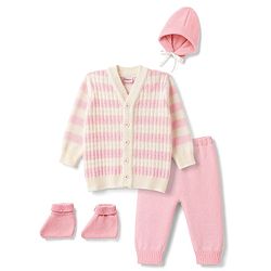 Babyhug Knit Full Sleeves Striped Sweater Set with Cap and Booties - White & Pink