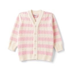 Babyhug Knit Full Sleeves Striped Sweater Set with Cap and Booties - White & Pink