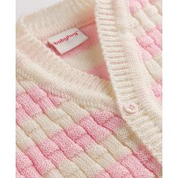 Babyhug Knit Full Sleeves Striped Sweater Set with Cap and Booties - White & Pink
