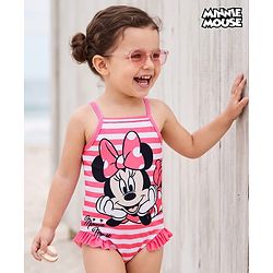 Babyhug Disney Sleeveless V Cut Swimsuit with Frill Design & Minnie Mouse Print - Pink