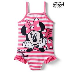 Babyhug Disney Sleeveless V Cut Swimsuit with Frill Design & Minnie Mouse Print - Pink