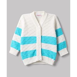 Babyhug Knit Full Sleeves Striped 4 Piece Sweater & Pant Set With Cap & Booties - Light Blue