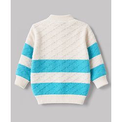 Babyhug Knit Full Sleeves Striped 4 Piece Sweater & Pant Set With Cap & Booties - Light Blue