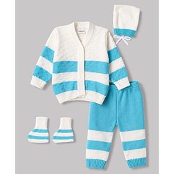 Babyhug Knit Full Sleeves Striped 4 Piece Sweater & Pant Set With Cap & Booties - Light Blue