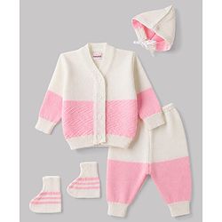 Babyhug Knit Full Sleeves Striped 4 Piece Sweater & Pant Set With Cap & Booties - Pink