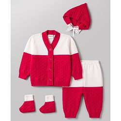 Babyhug Knit Full Sleeves Front Open Colour Block Sweater Set with Cap & Booties - Red & White