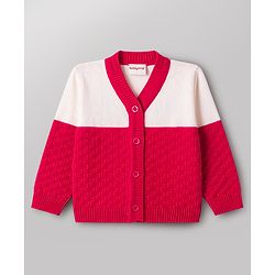 Babyhug Knit Full Sleeves Front Open Colour Block Sweater Set with Cap & Booties - Red & White
