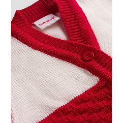 Babyhug Knit Full Sleeves Front Open Colour Block Sweater Set with Cap & Booties - Red & White