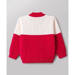 Babyhug Knit Full Sleeves Front Open Colour Block Sweater Set with Cap & Booties - Red & White