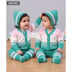 Babyhug Knit Full Sleeves Striped Sweater Set With Booties & Cap - Mint