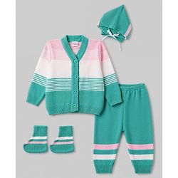 Babyhug Knit Full Sleeves Striped Sweater Set With Booties & Cap - Mint