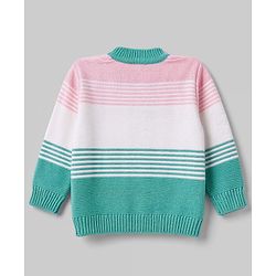 Babyhug Knit Full Sleeves Striped Sweater Set With Booties & Cap - Mint