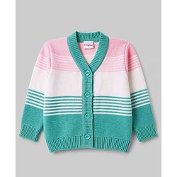 Babyhug Knit Full Sleeves Striped Sweater Set With Booties & Cap - Mint