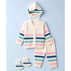 Babyhug Knit Full Sleeves Stripe Sweater Set With Cap and Booties - White