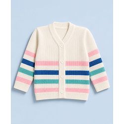 Babyhug Knit Full Sleeves Stripe Sweater Set With Cap and Booties - White