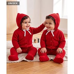 Babyhug Knit Full Sleeves Solid 4 Piece Sweater & Pant Set With Cap & Booties - Red