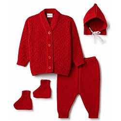 Babyhug Knit Full Sleeves Solid 4 Piece Sweater & Pant Set With Cap & Booties - Red