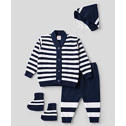 Babyhug Knit Full Sleeves Striped Sweater Set With Booties & Cap - Navy Blue