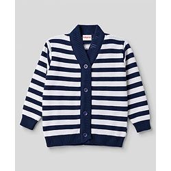 Babyhug Knit Full Sleeves Striped Sweater Set With Booties & Cap - Navy Blue