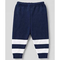 Babyhug Knit Full Sleeves Striped Sweater Set With Booties & Cap - Navy Blue