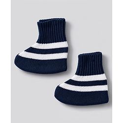 Babyhug Knit Full Sleeves Striped Sweater Set With Booties & Cap - Navy Blue