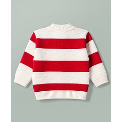 Babyhug Knit Full Sleeves Front Open Colour Block Stripe Sweater Set with Cap & Booties - Red & White