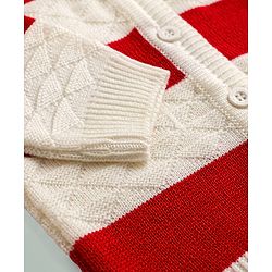 Babyhug Knit Full Sleeves Front Open Colour Block Stripe Sweater Set with Cap & Booties - Red & White