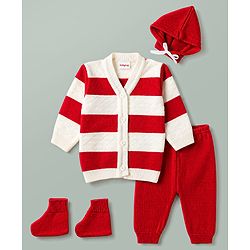 Babyhug Knit Full Sleeves Front Open Colour Block Stripe Sweater Set with Cap & Booties - Red & White