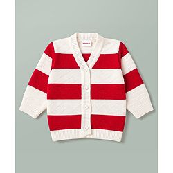 Babyhug Knit Full Sleeves Front Open Colour Block Stripe Sweater Set with Cap & Booties - Red & White