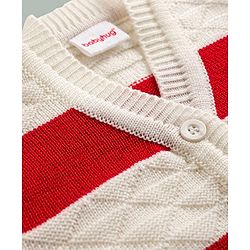 Babyhug Knit Full Sleeves Front Open Colour Block Stripe Sweater Set with Cap & Booties - Red & White