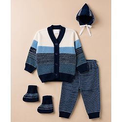 Babyhug Knit Full Sleeves Striped Sweater Set With Cap & Booties - Navy Blue