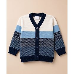 Babyhug Knit Full Sleeves Striped Sweater Set With Cap & Booties - Navy Blue