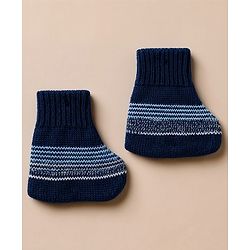 Babyhug Knit Full Sleeves Striped Sweater Set With Cap & Booties - Navy Blue