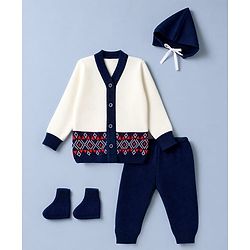 Babyhug Knit Full Sleeves Front Open Argyle Designed Sweater Set with Cap & Booties - Navy & White