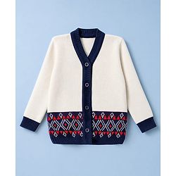 Babyhug Knit Full Sleeves Front Open Argyle Designed Sweater Set with Cap & Booties - Navy & White