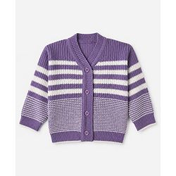 Babyhug Knit Full Length Four Piece Sweater Sets with Full Sleeves and Striped Print in Purple for 6-9 Months