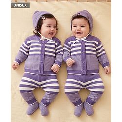 Babyhug Knit Full Length Four Piece Sweater Sets with Full Sleeves and Striped Print in Purple for 6-9 Months