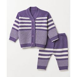 Babyhug Knit Full Length Four Piece Sweater Sets with Full Sleeves and Striped Print in Purple for 6-9 Months