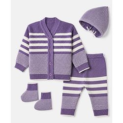 Babyhug Knit Full Length Four Piece Sweater Sets with Full Sleeves and Striped Print in Purple for 6-9 Months